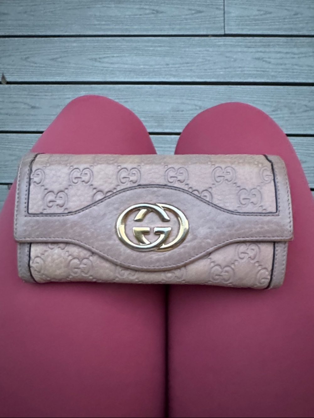 Gucci Blush Beige GG Embossed Leather Clutch with Gold Double G